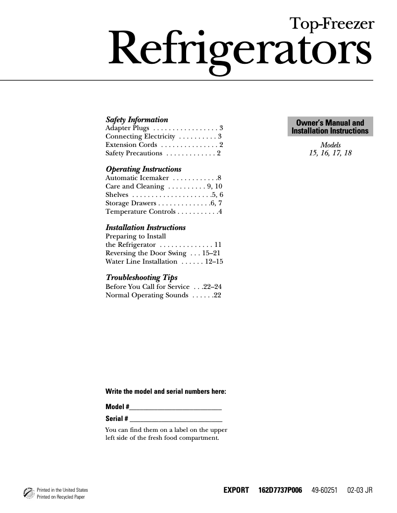 Page 1 of the manual User Manual Hotpoint HTT18EBMWW