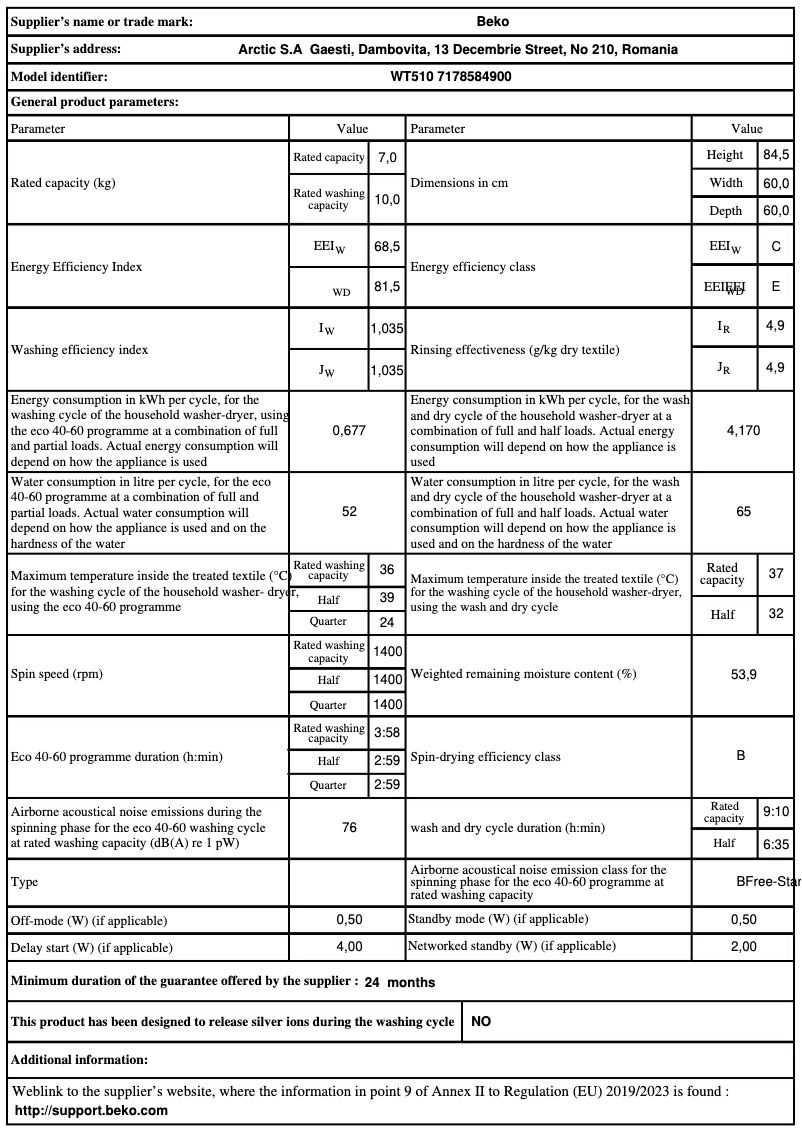 Page 1 of the manual Technical Sheet Grundig WT510