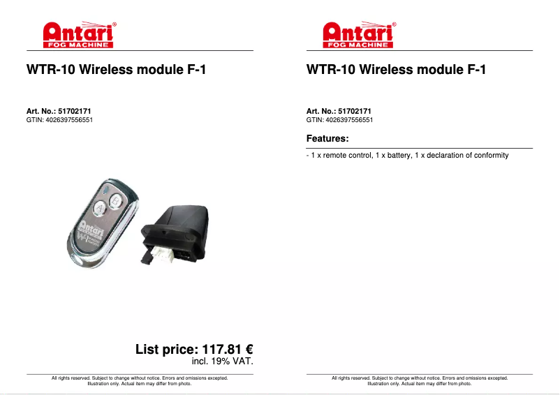Page 1 of the manual Technical Sheet Antari WTR-10