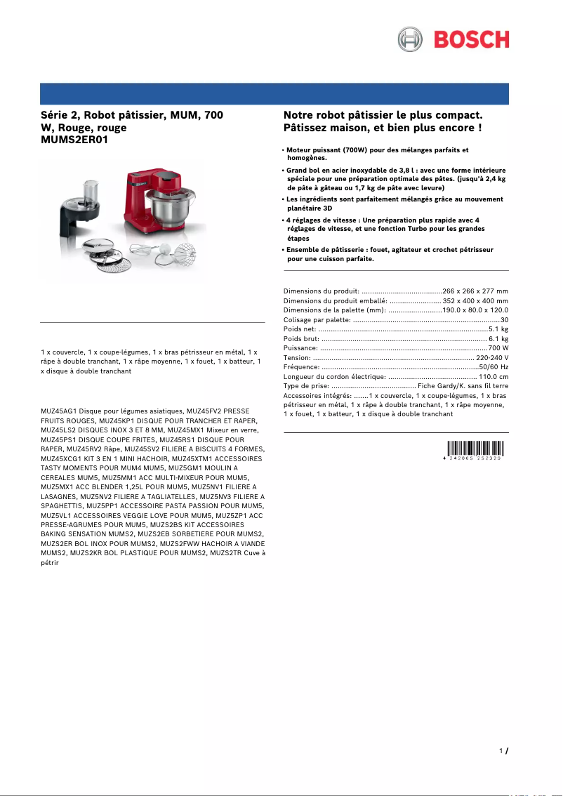 Page 1 of the manual Technical Sheet Bosch MUMS2ER01