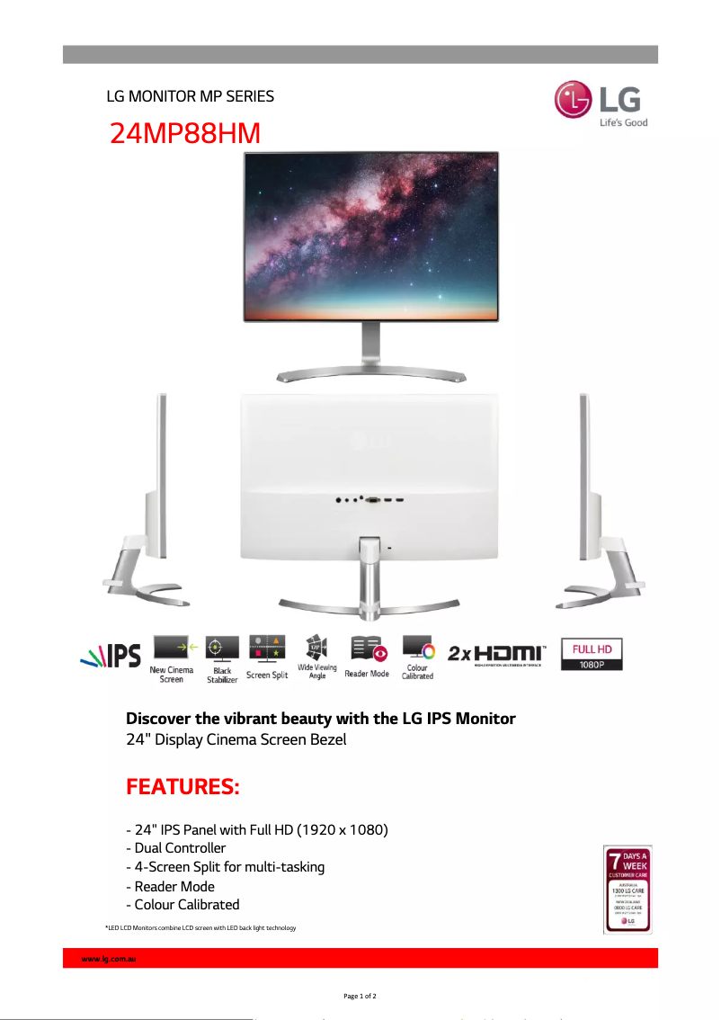 Page 1 of the manual Technical Sheet LG 24MP88HV