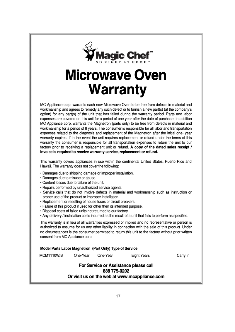 Page 1 of the manual Warranty Information Magic Chef MCM1110W