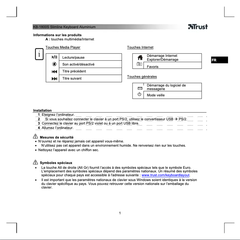 Page 1 of the manual User Manual Trust KB-1800S