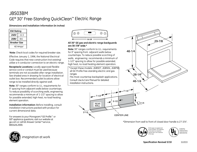 Page 1 of the manual Technical Sheet GE JBS03BMWH