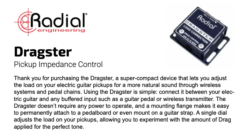 Page 1 of the manual User Manual Radial Engineering Dragster