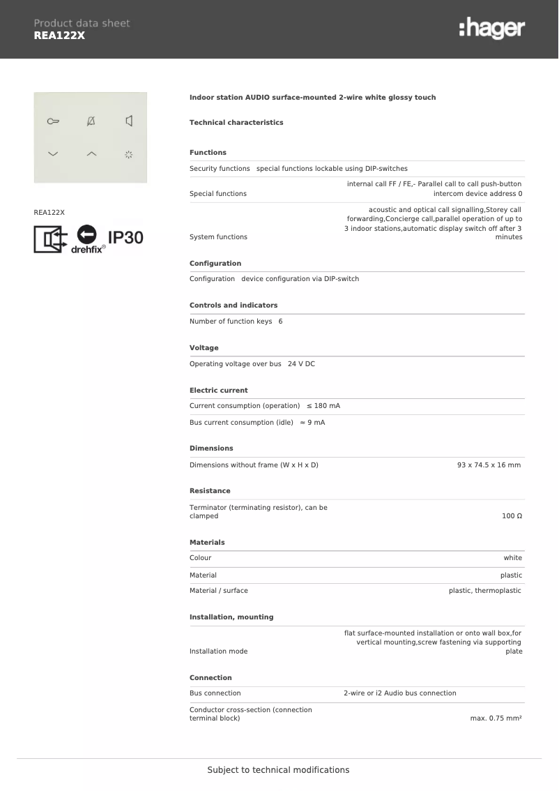 Page 1 of the manual Technical Sheet Hager REA122X