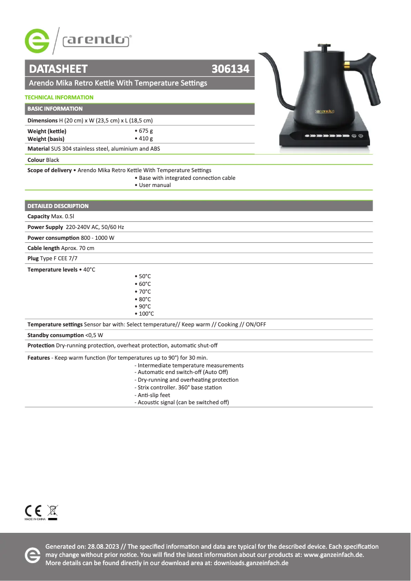 Page 1 of the manual Technical Sheet Arendo Mika 306134