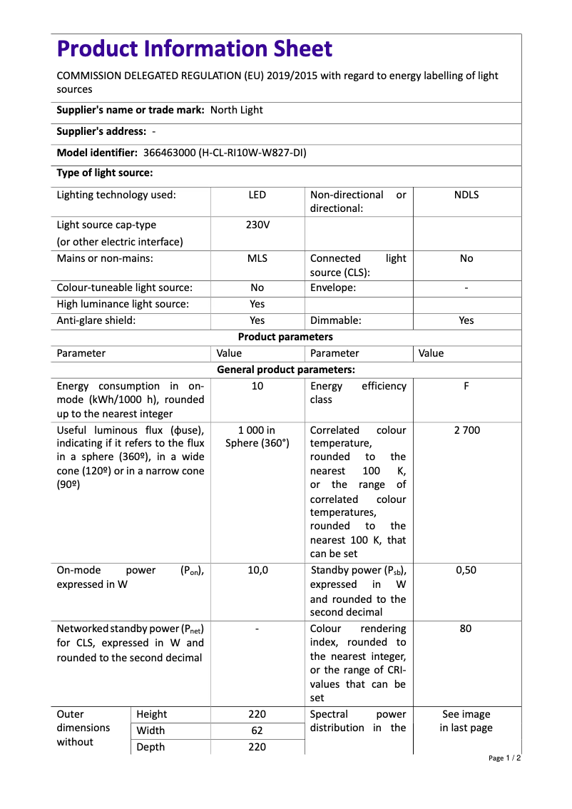 Page 1 of the manual Technical Sheet North Light Flush 36-6463