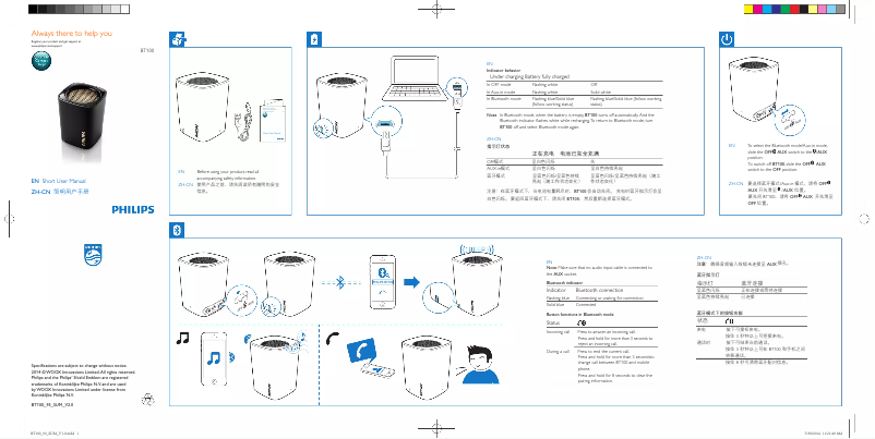 Page 1 of the manual Quick Start Guide Philips BT100B