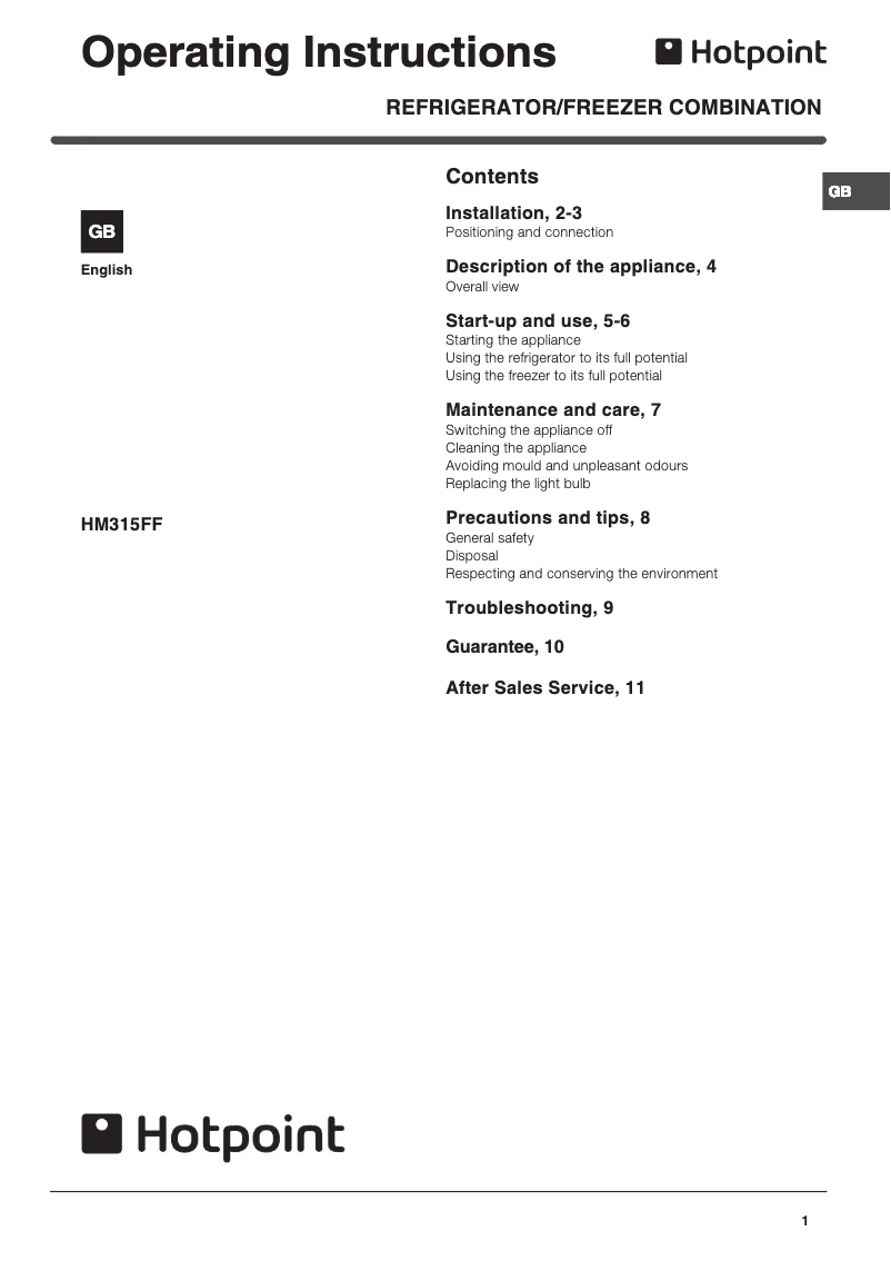 First page image of the manual for HM315FF