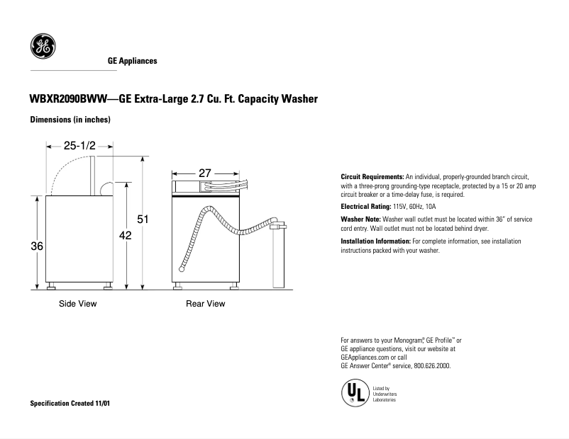 First page image of the manual for WBXR2090BWW