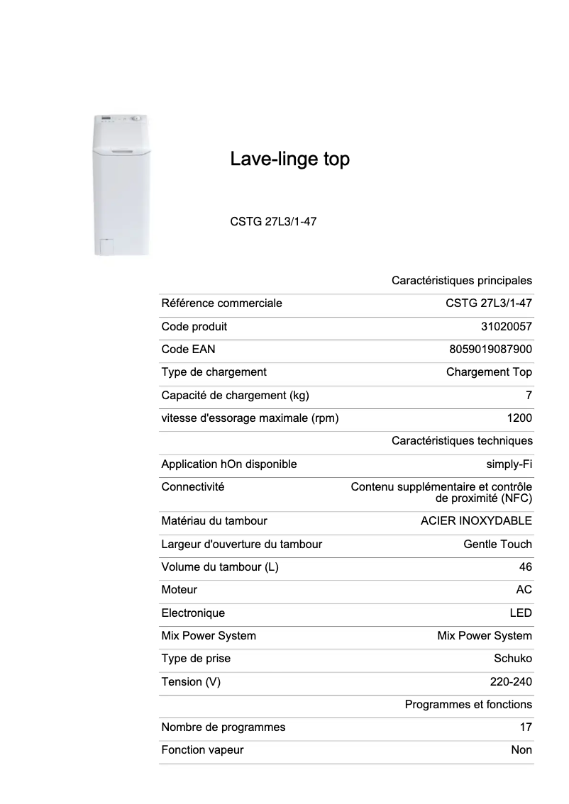 Page 1 of the manual Technical Sheet Candy CSTG 27L3/1-47