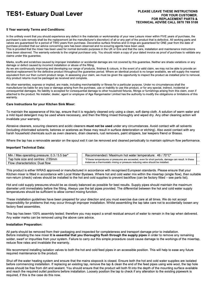 Page 1 of the manual User Manual Rangemaster Estuary TES1BC