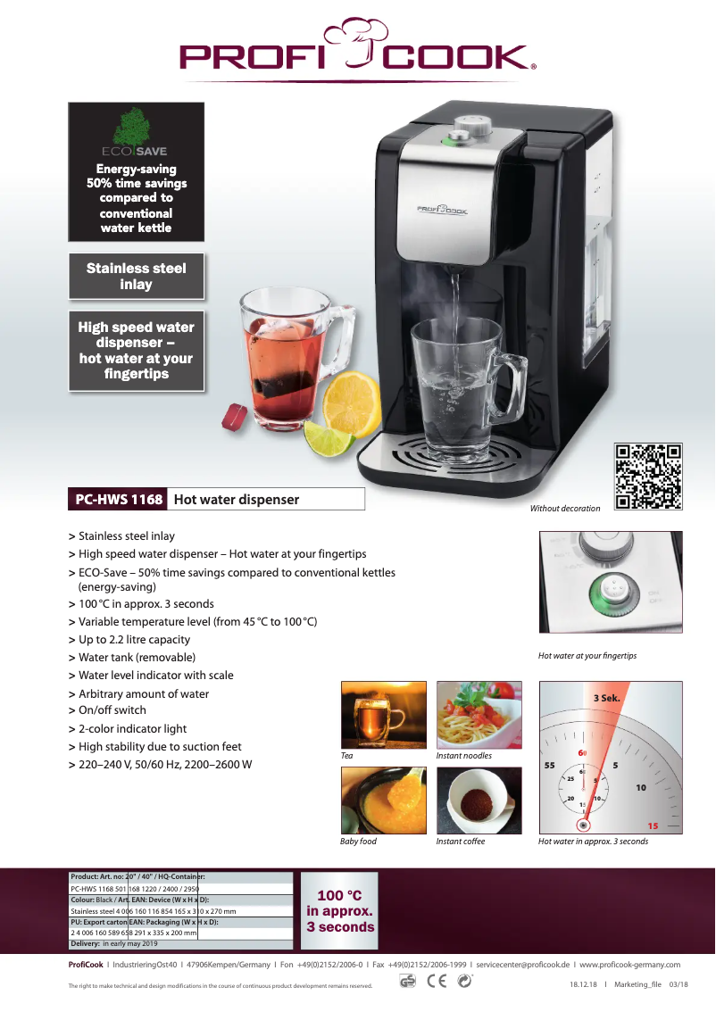 Page 1 de la notice Fiche technique ProfiCook PC-HWS 1168