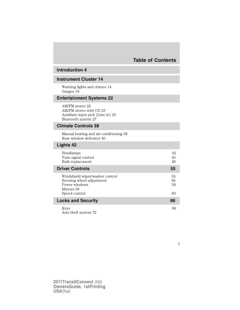 First page image of the manual for Transit Connect (2011)