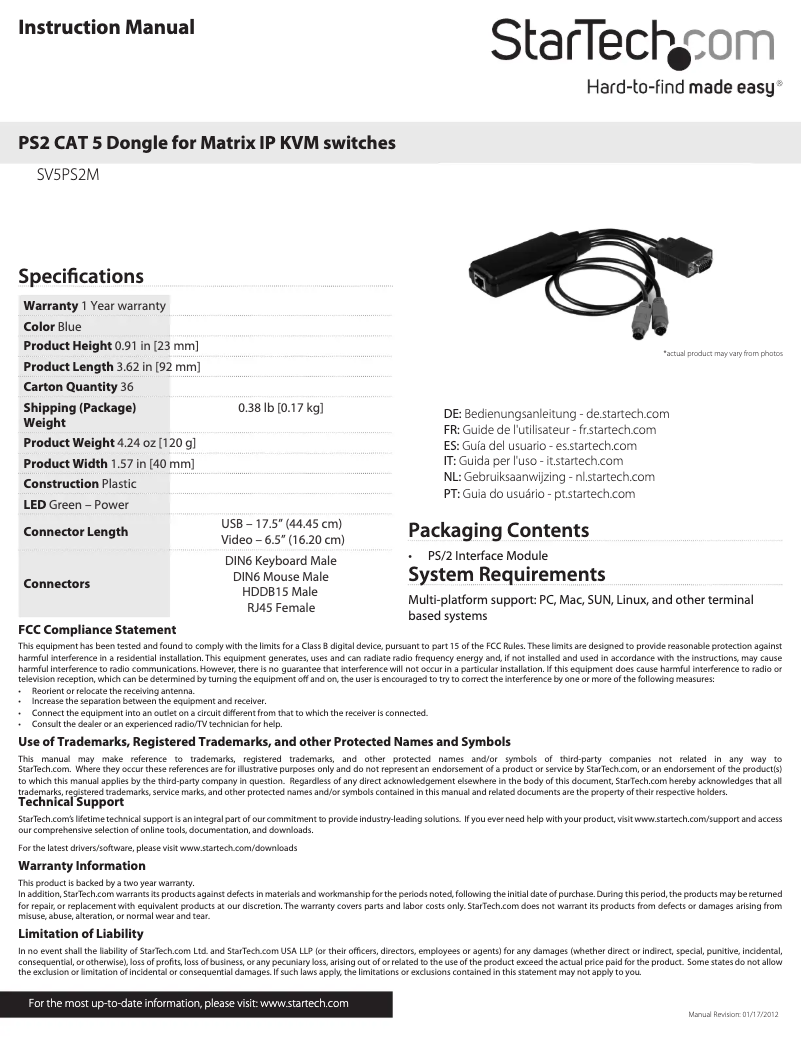 First page image of the manual for SV5PS2M