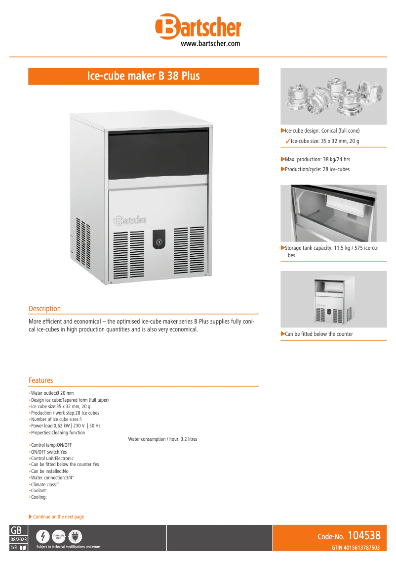 Page 1 of the manual Technical Sheet Bartscher B 38 Plus