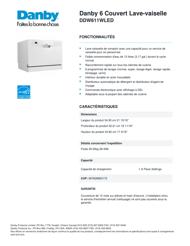 Page 1 of the manual Technical Sheet Danby DDW611WLED