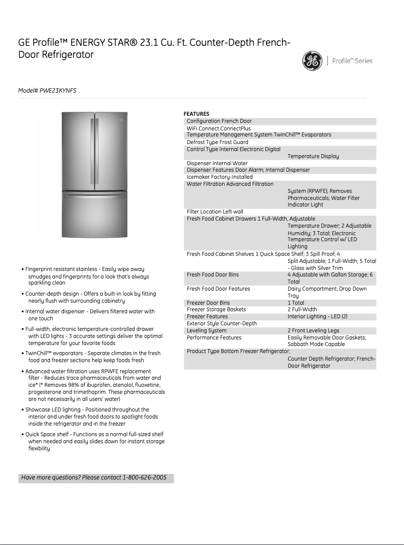Page 1 of the manual Technical Sheet GE Profile PWE23KYNFS