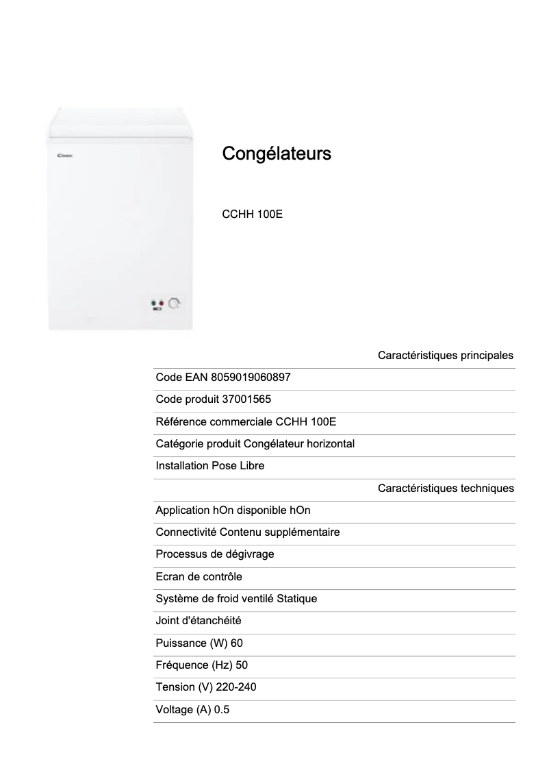 Page 1 of the manual Technical Sheet Candy CCHH 100E