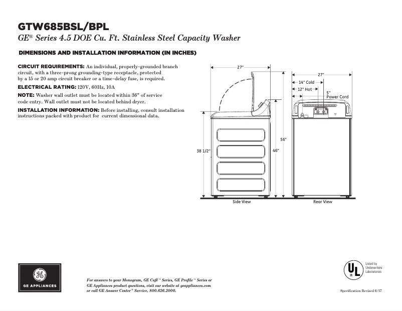 Page 1 of the manual Technical Sheet GE GTW685BSLWS