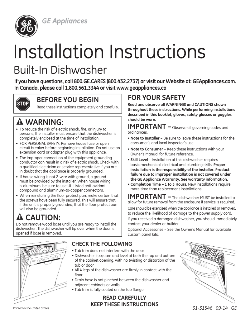 Page 1 of the manual Installation Guide GE GDT680SGHWW