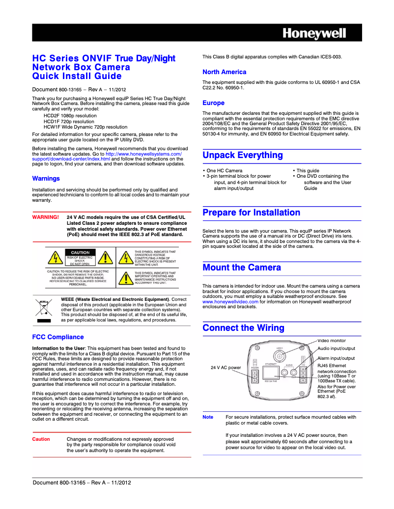 Page 1 of the manual User Manual Honeywell Equip HCD1F