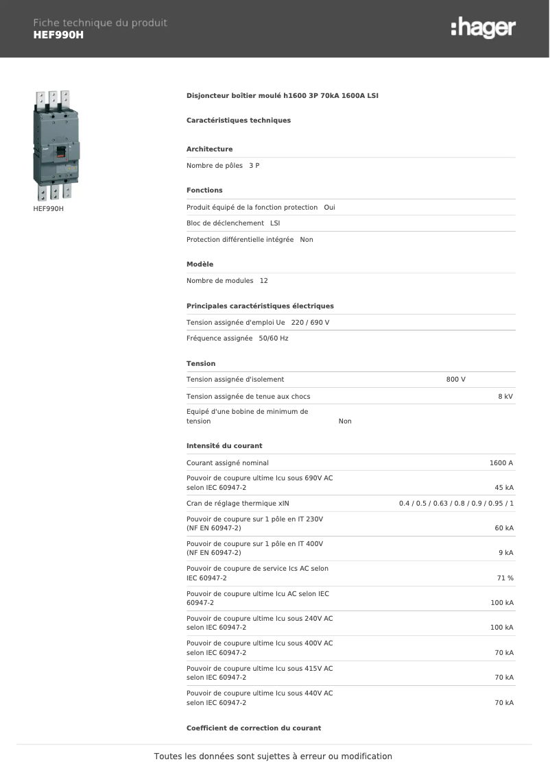 Page 1 of the manual Technical Sheet Hager HEF990H