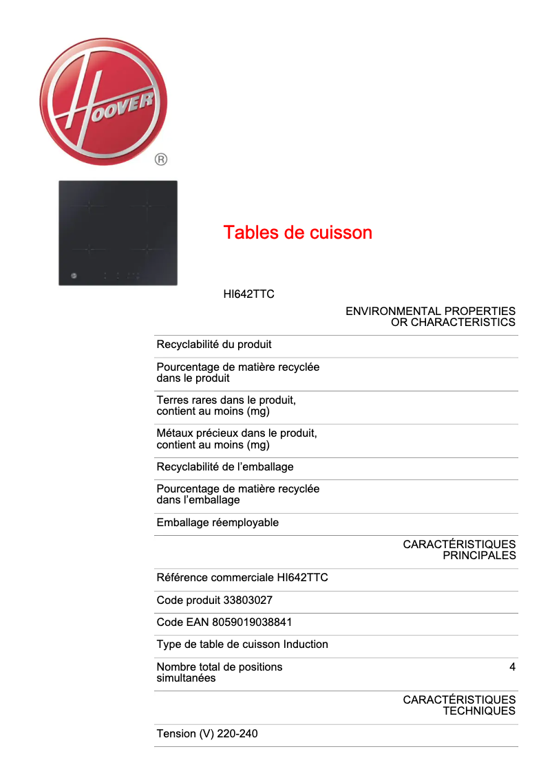 Page 1 of the manual Technical Sheet Hoover HI642TTC