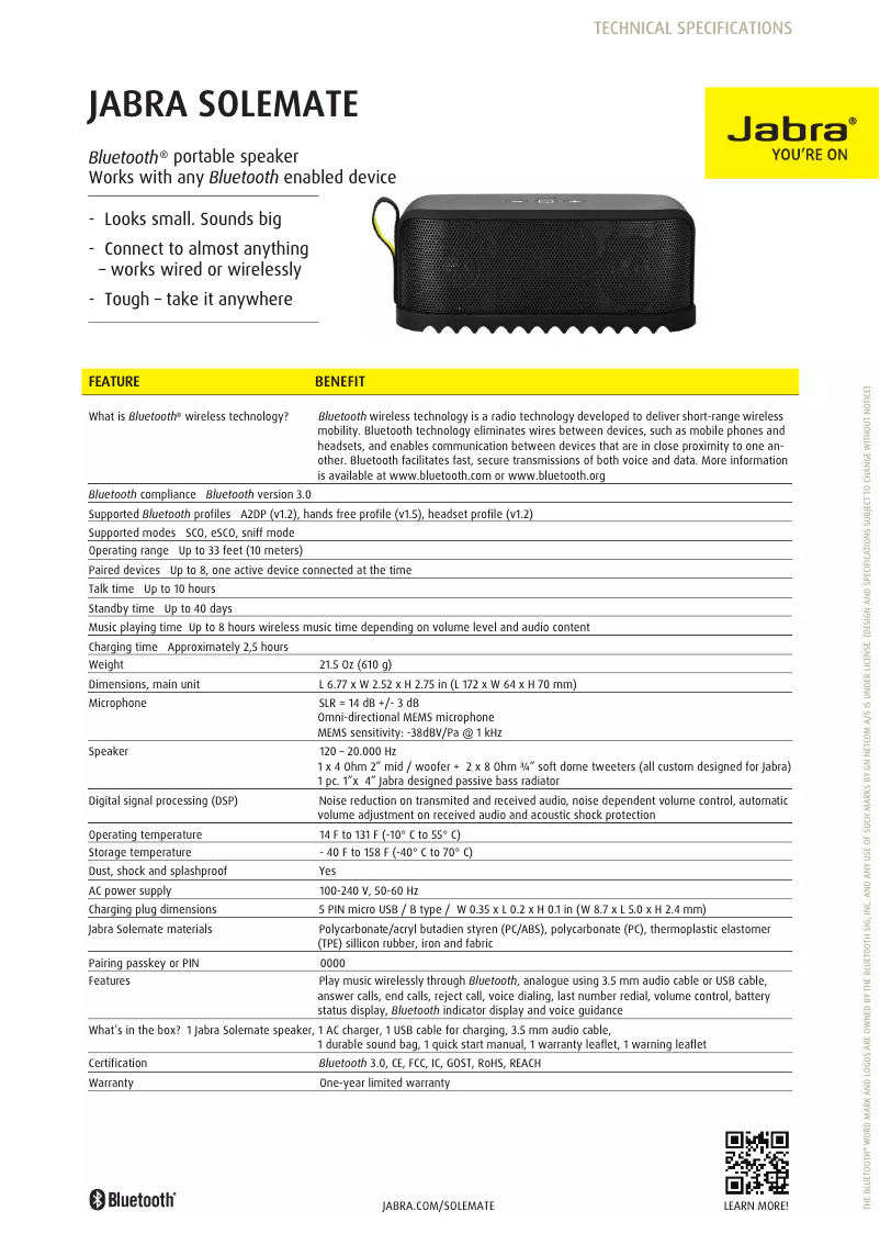 Page 1 of the manual Technical Sheet Jabra Solemate