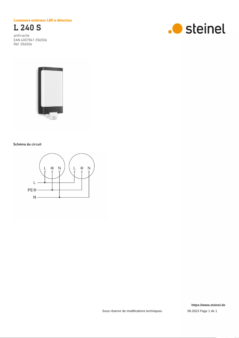 Page 1 de la notice Schéma de câblage Steinel L 240 S