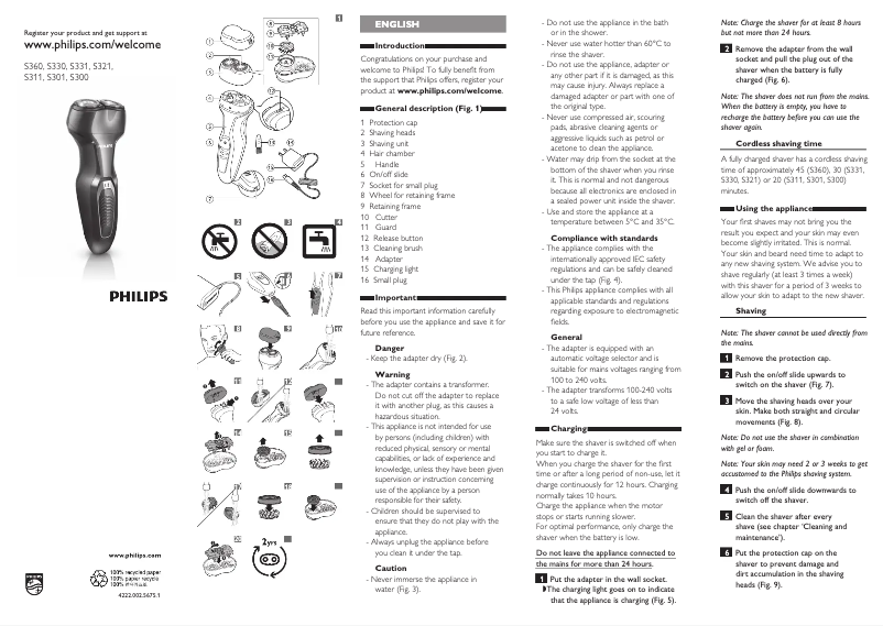 Page 1 of the manual User Manual Philips Shaver series 300 S301