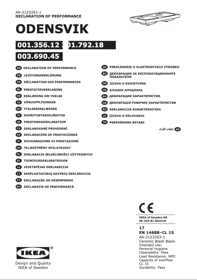 Page 1 de la notice Manuel utilisateur Ikea ODENSVIK 001.356.12