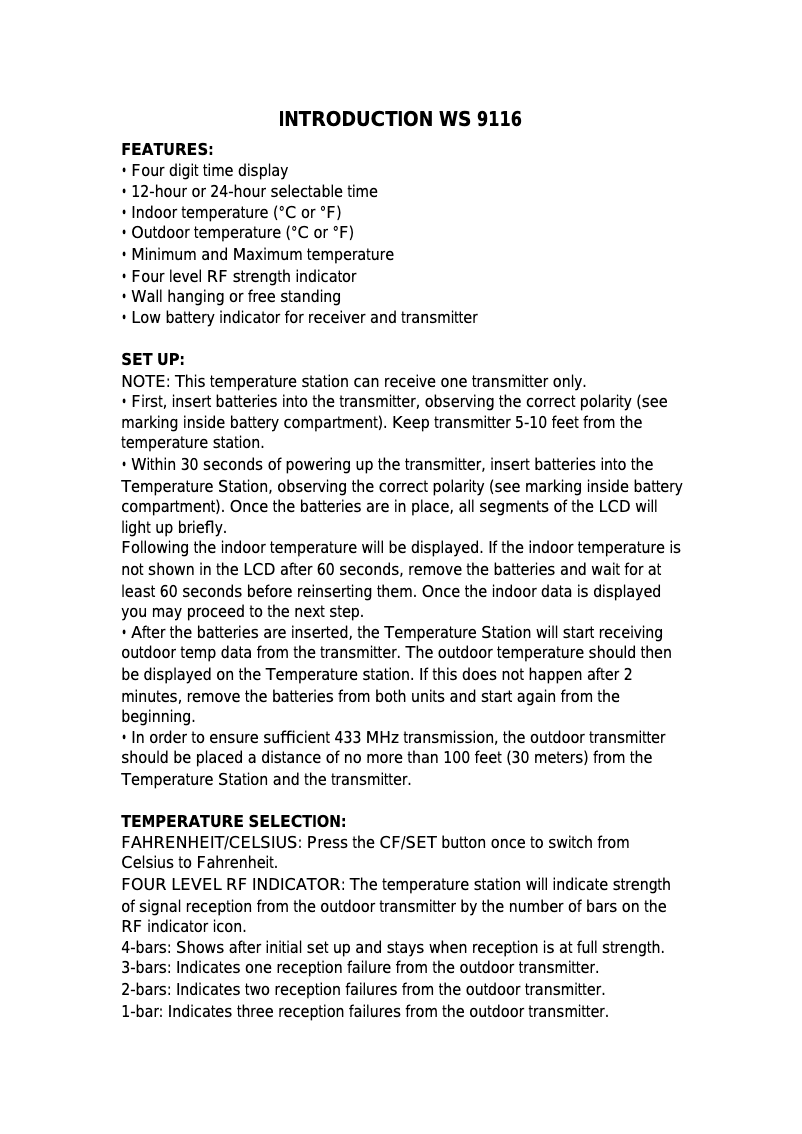 First page image of the manual for WS 9116