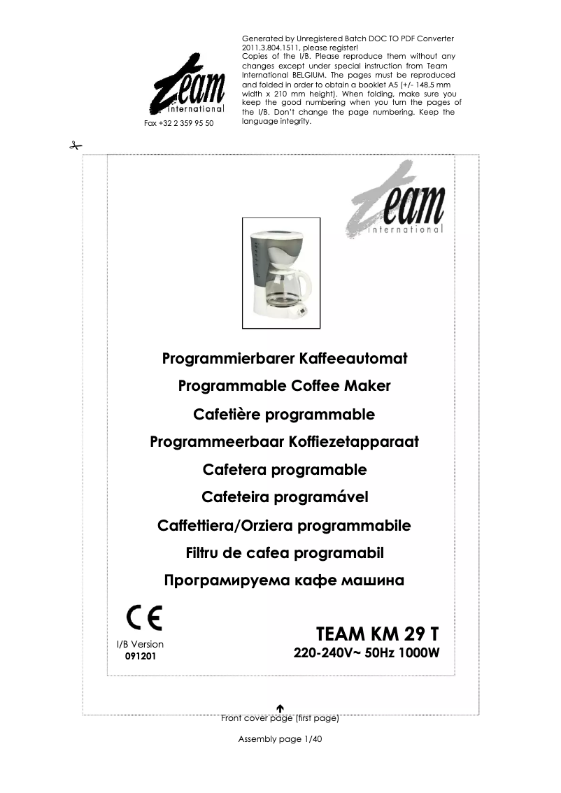 Page 1 of the manual User Manual Team KM 29 T