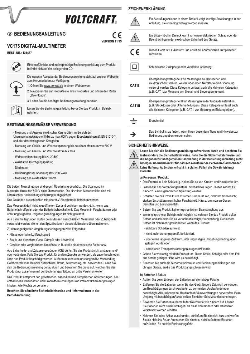 Page 1 of the manual User Manual Voltcraft VC175