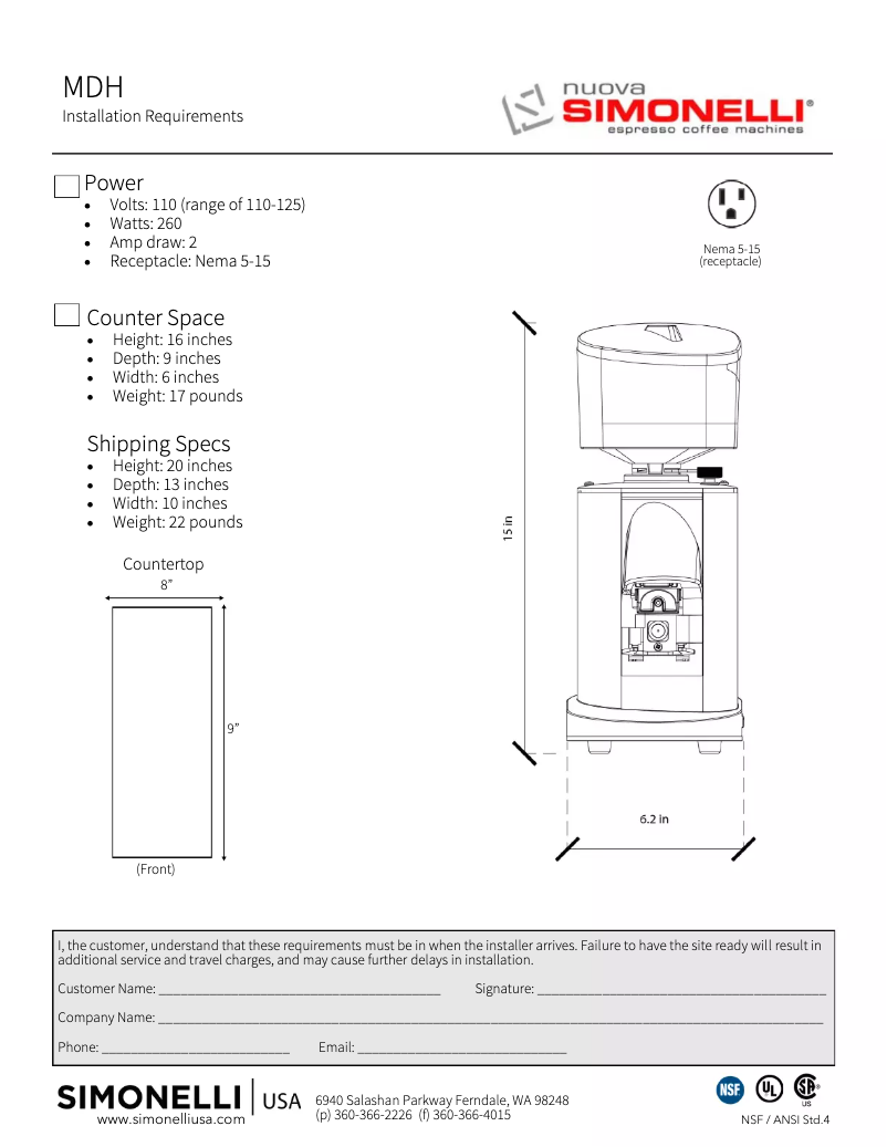 Page 1 of the manual Technical Sheet Nuova Simonelli MDH