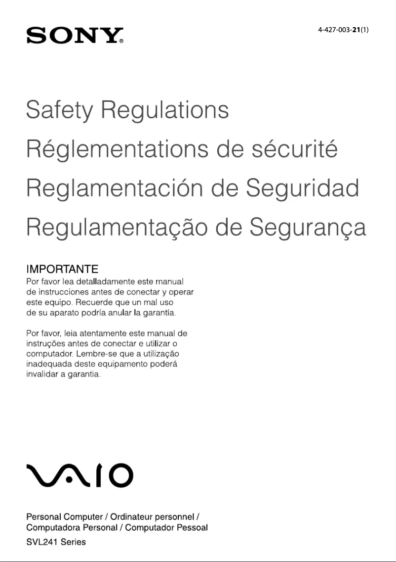 Page 1 of the manual Safety Instructions Sony Vaio SVL24114FXB