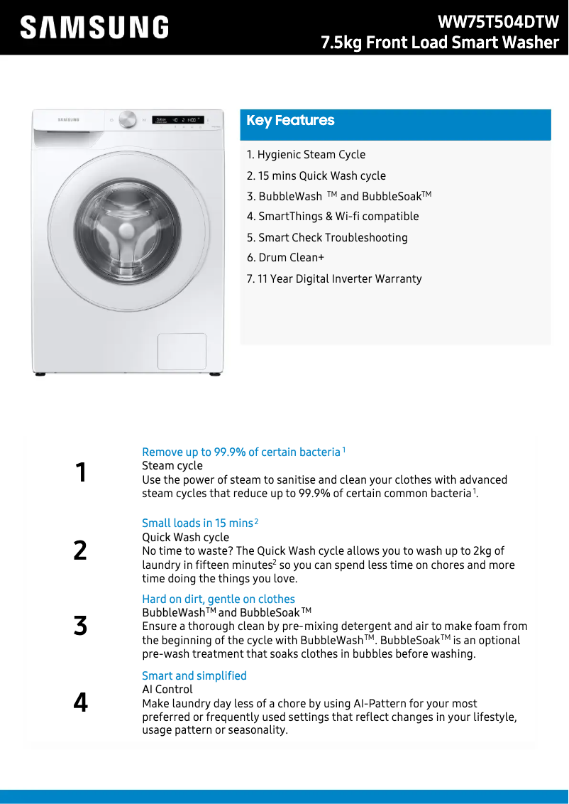 Page 1 of the manual Technical Sheet Samsung WW75T504DTW