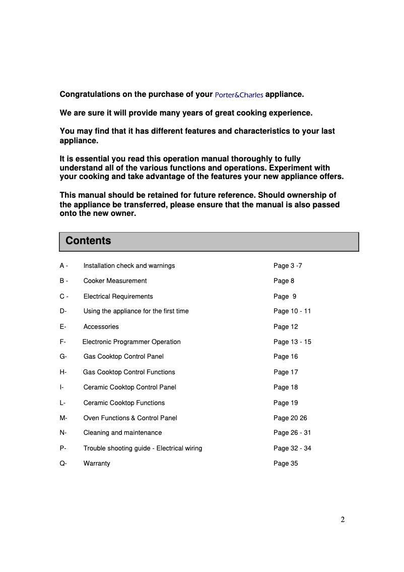Page 1 of the manual User Manual Porter & Charles FEG76B3