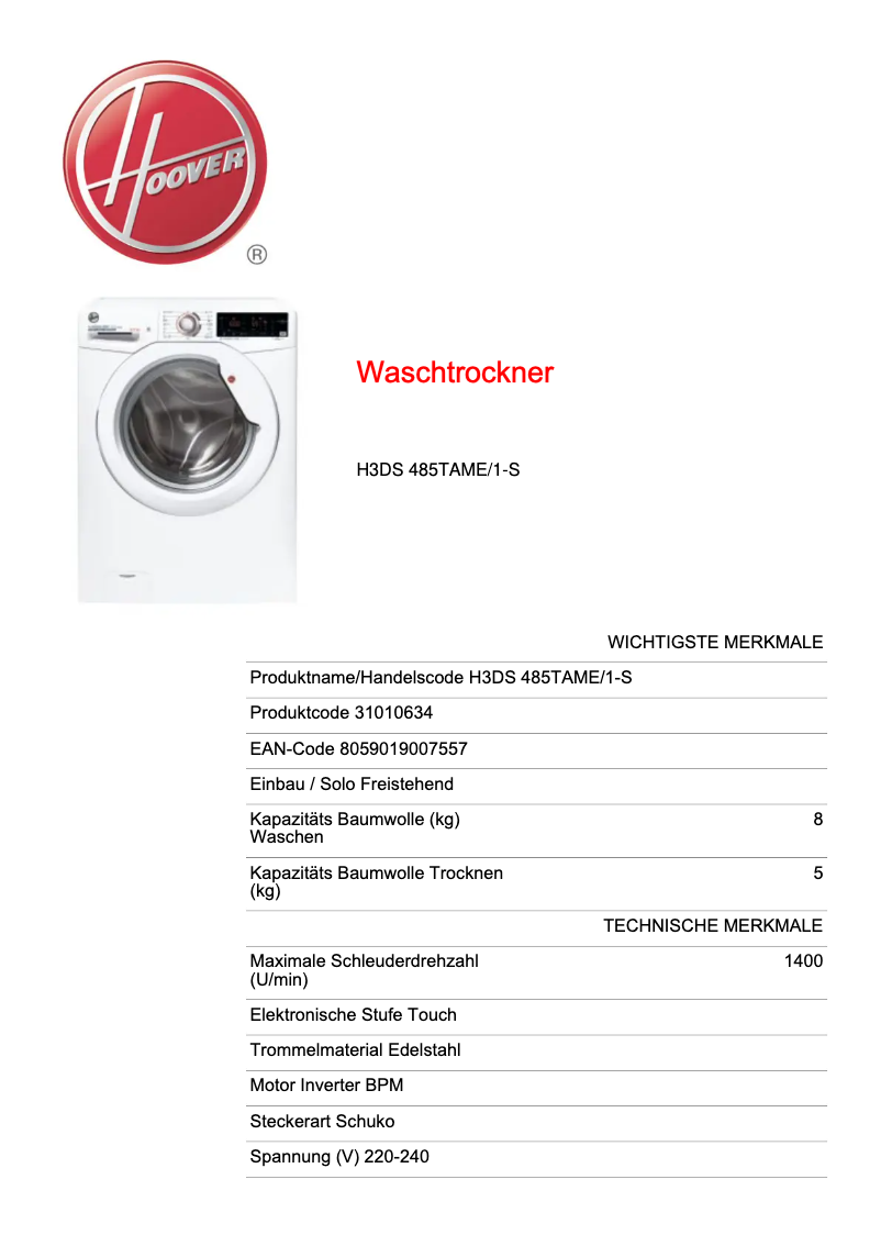 Page 1 of the manual Technical Sheet Hoover H-WASH 300 PLUS