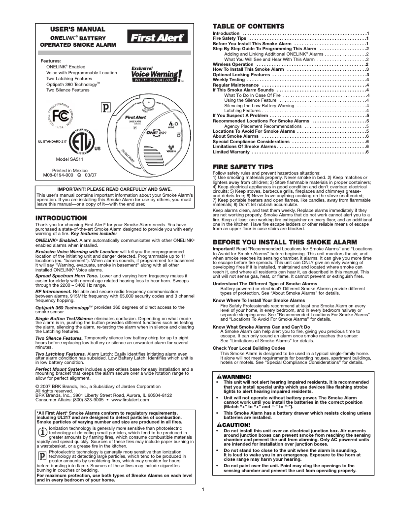 Page 1 of the manual User Manual First Alert SA511CN2