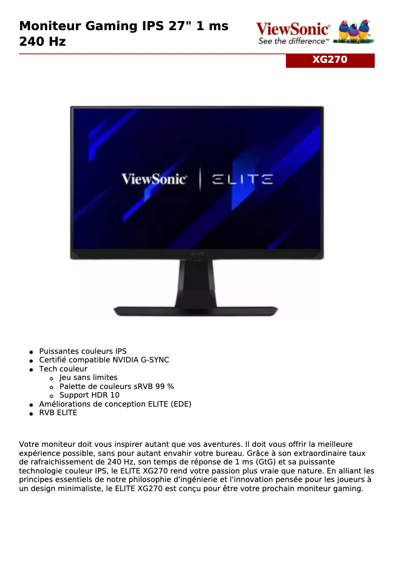 Page 1 de la notice Manuel utilisateur Viewsonic Elite XG270