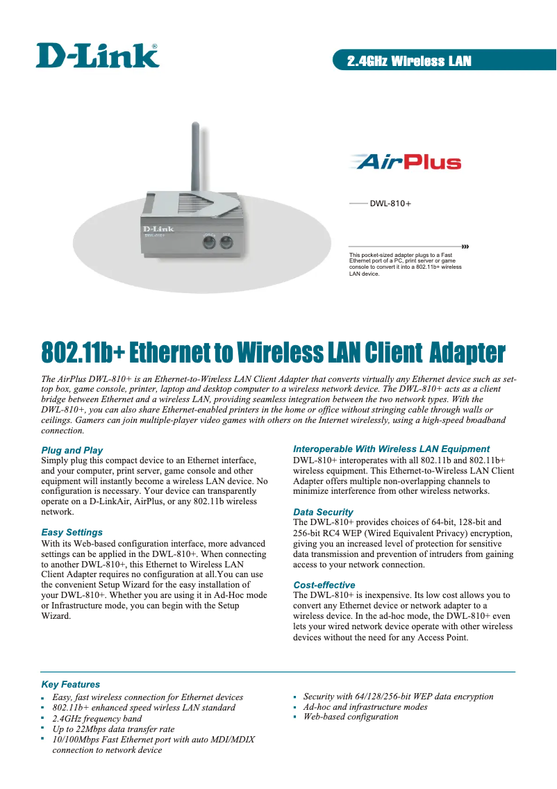 Page 1 of the manual Technical Sheet D-Link AirPlus DWL-810+