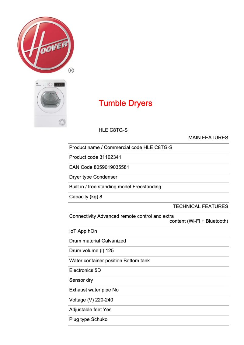 Page 1 of the manual Technical Sheet Hoover HLE C8TG-S