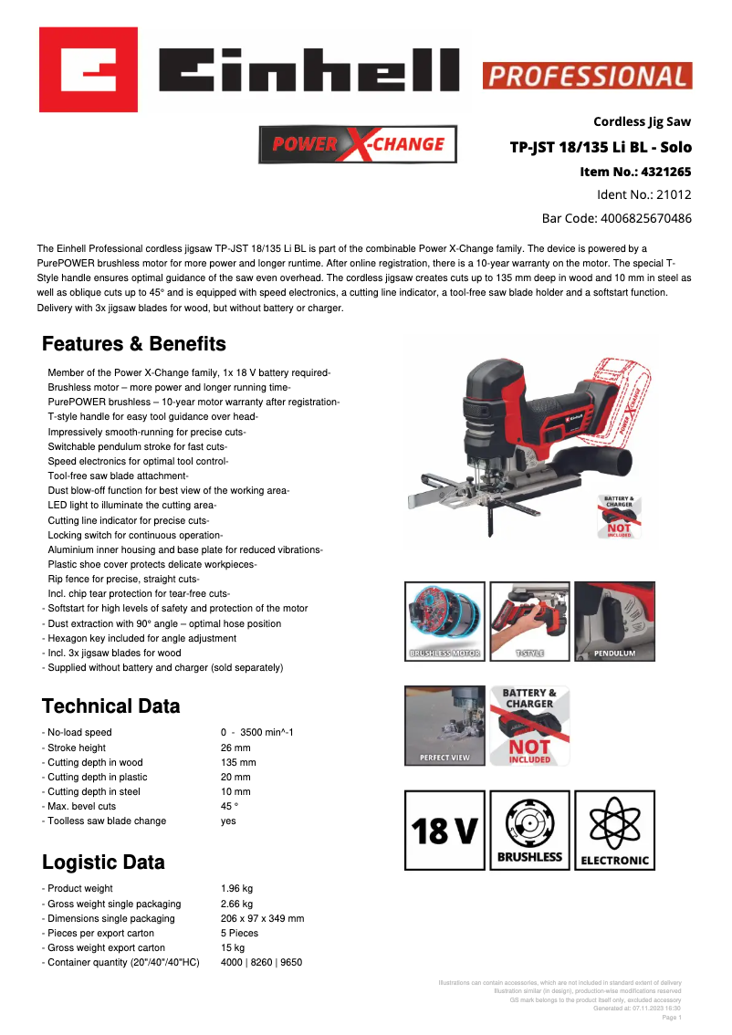 First page image of the manual for TP-JST 18/135 Li BL