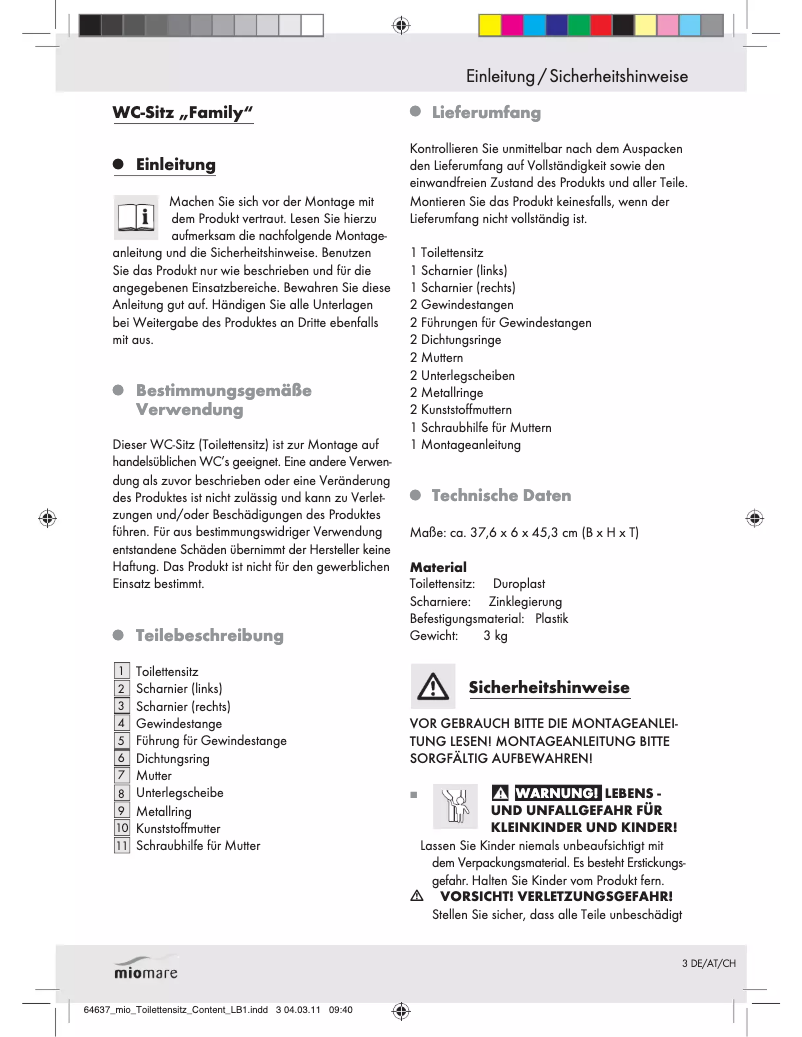 First page image of the manual for Family IAN 64637