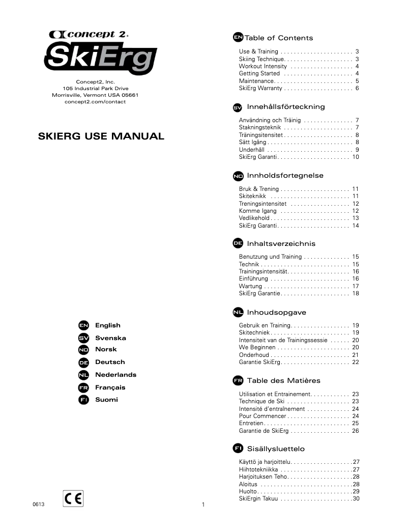 First page image of the manual for SkiErg 1