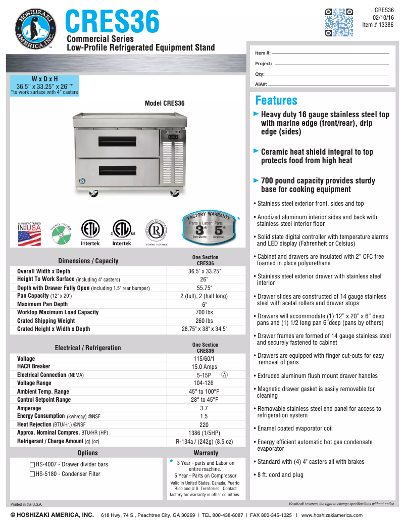 Page 1 of the manual Technical Sheet Hoshizaki Commercial CRES36