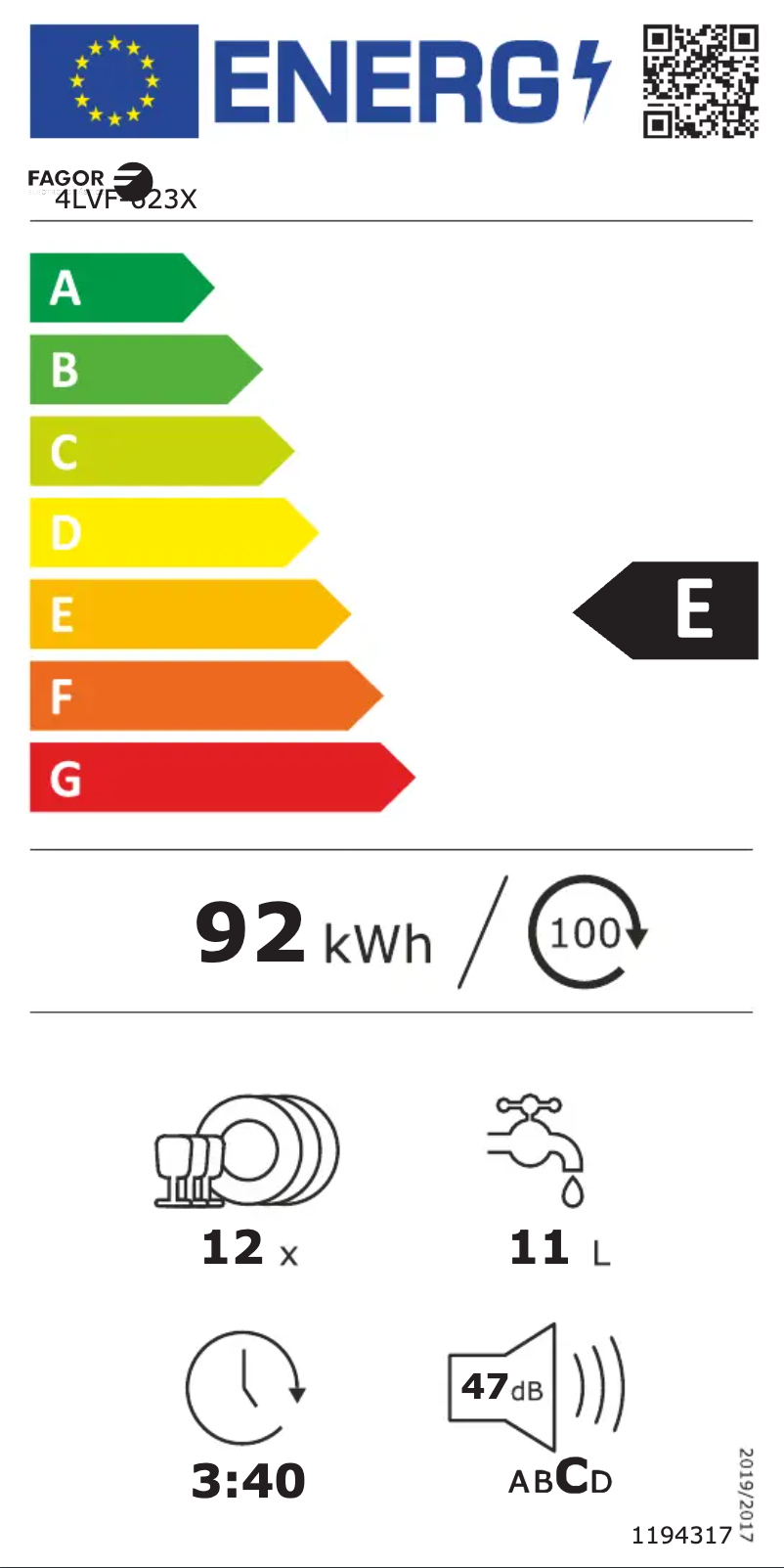 Page 1 of the manual Energy Label Fagor 4LVF-623X
